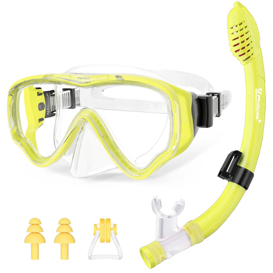 UPhitnis Kids Snorkel Set - Anti-Fog Dive Mask and Dry Snorkel - Leak-proof Dive Mask with Dry Snorkel - Snorkeling Gear for Boys Girls - Pink, Blue, Black, Yellow