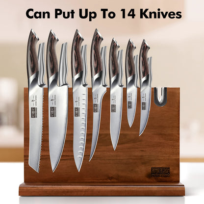 HOSHANHO Magnetic Knife Block with Sharpener, Double-Sided Strong Magnetic Knife Holder, Natural Acacia Wood Magnetic Knife Holder for Kitchen