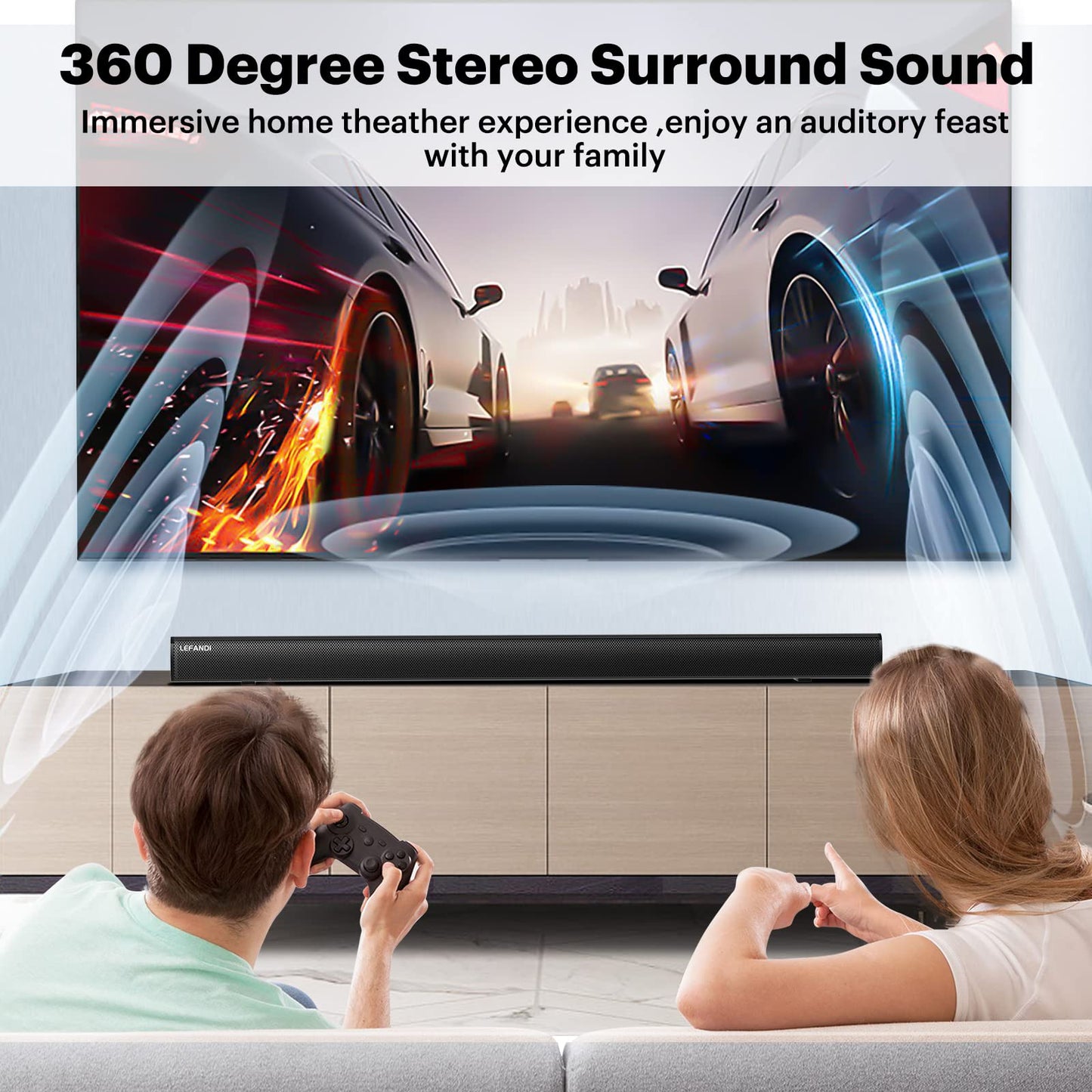 LEFANDI Soundbar for TV devices, Bluetooth speaker PC soundbar 2.1 channel surround sound home theater sound system remote control with AUX, HDMI ARC, USB, Coaxial, Optical for Phone, Computer, TV.