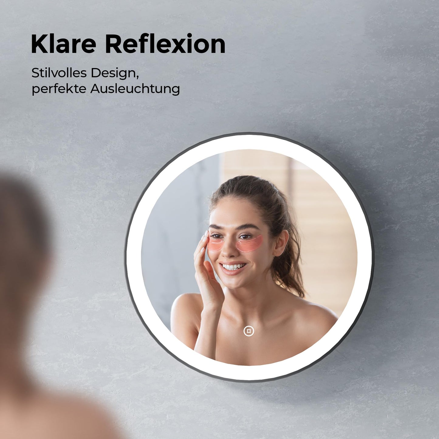 Illuminated bathroom mirror from Heilmetz, 50cm in diameter. LED light with 6500K cool white color, dimmable with touch switch. Round mirror with black frame and removable strap.