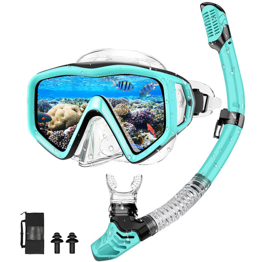 Adult Snorkeling Set, snorkel set with diving mask and dry snorkel, waterproof anti-fog/anti-leak snorkel mask made of tempered glass for snorkeling, swimming, and diving.