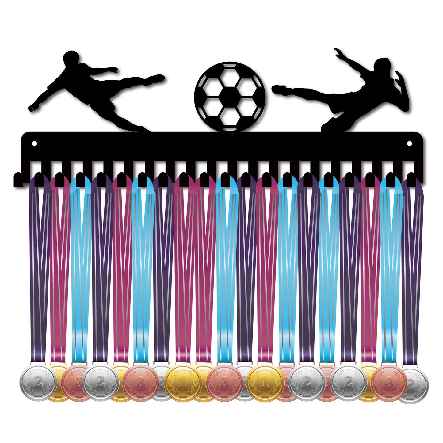 CREATCABIN Football Medal Holder, Hanger, Sport Metal Wall Mount With 20 Hooks For Hanging 60 Medals, Runner, Home Badges, Running, Marathon, Gymnastics, Black, 40 x 13.4cm