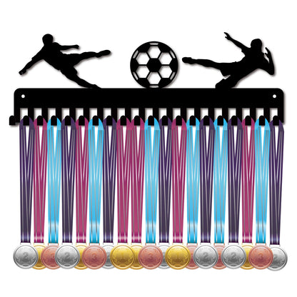 CREATCABIN Football Medal Holder, Hanger, Sport Metal Wall Mount With 20 Hooks For Hanging 60 Medals, Runner, Home Badges, Running, Marathon, Gymnastics, Black, 40 x 13.4cm