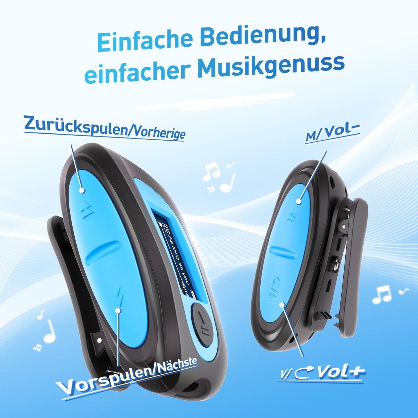 AGPTEK IPX8 Waterproof MP3 Player, 8GB HiFi MP3 Music Player for Swimming and Running, with waterproof headphones, audio cable, and 3 pairs of ear tips (L/M/S), supports FM, shuffle function, Blue.