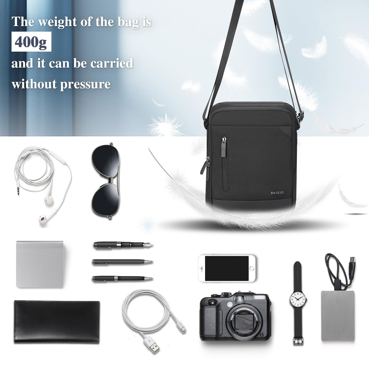 BAIGIO Men's Shoulder Bag for Tablet iPad up to 11 inches, Crossbody Bag for Men for Work Travel Everyday Life, Waterproof.