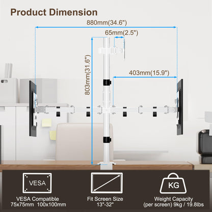 PUTORSEN Triple Monitor Stand for 13-32 inch Flat & Curved Screens, 80cm Pole Desk Mount with Swivel, Tilt, Height Adjustment, 9kg per Arm, VESA 75x75/100x100, White