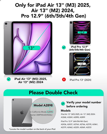 ESR iPad Air 13 Inch M3/M2 (2025/2024) Case and iPad Pro 12.9 (2022/2021/2020) Case with magnet attachment, slim triple-fold stand cover, supports Pencil Pro/USB-C, Rebound series, Black.