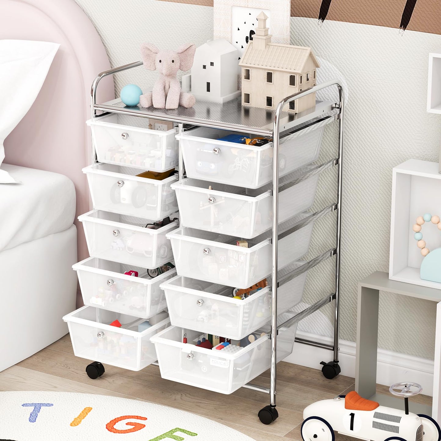 COSTWAY rolling cart with 10 stackable drawers, drawers cart with metal frame and shelf, bathroom trolley storage cart for office, living room, 65.5 x 37 x 87 cm.