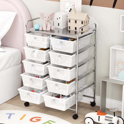 COSTWAY rolling cart with 10 stackable drawers, drawers cart with metal frame and shelf, bathroom trolley storage cart for office, living room, 65.5 x 37 x 87 cm.