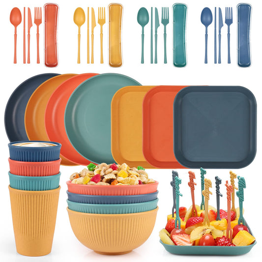 Czemo Camping Dinnerware Set 48 Piece Plastic Dinnerware Set for Camping 4 Person Picnic Set, Plastic Dinnerware with Plate Set, Bowl, Cup, Cutlery Set