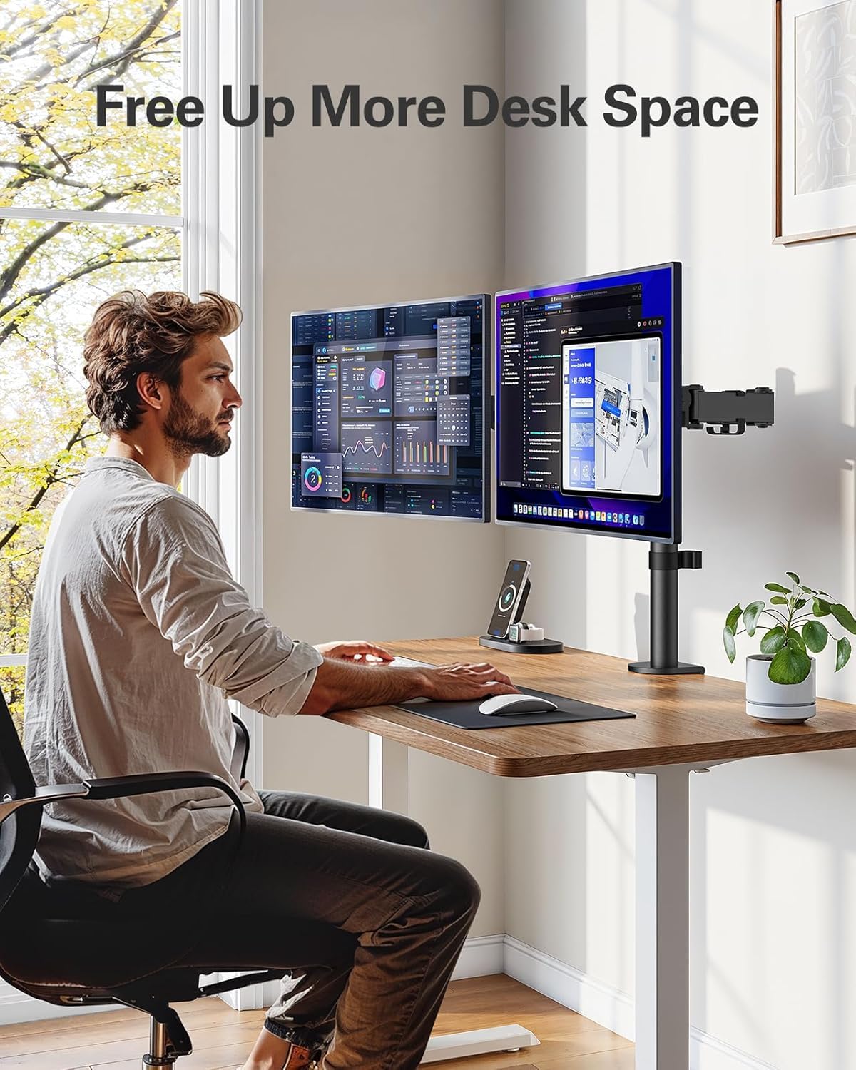 HUANUO dual monitor stand for 13 to 32 inch screens, height adjustable, tilt, swivel, rotate, extended arm for two monitors, VESA 75/100.