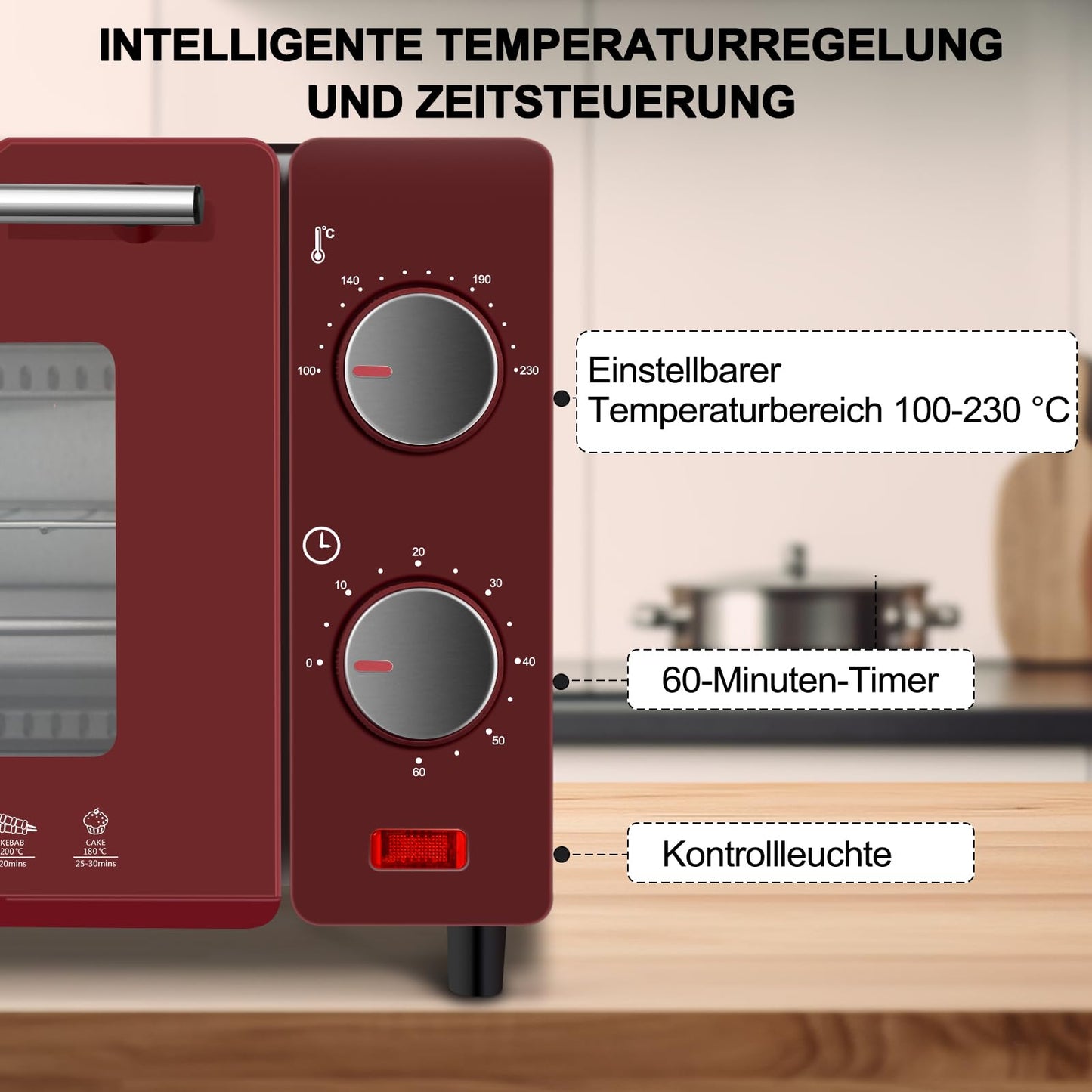 WOLTU Mini Oven 10 Liters, 650 Watts Toaster Oven, small electric oven, 100-230 °C, 60 min., top and bottom heat, with baking tray, grill grate, and detachable handle, red+black.
