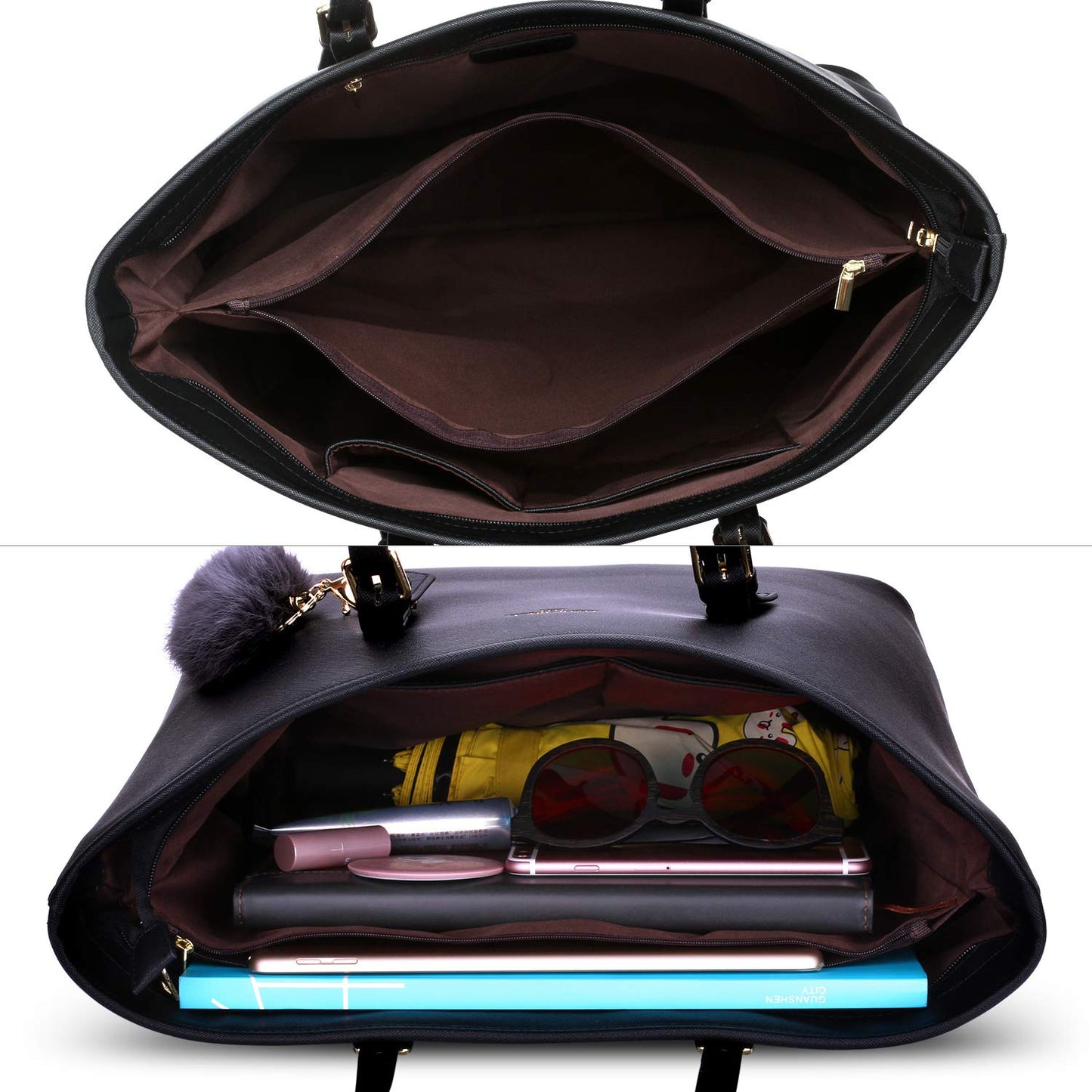 LI&HI Women's Handbag Elegant Shopper for School Black with Pom Pom 34 x 29 x 15.5 cm