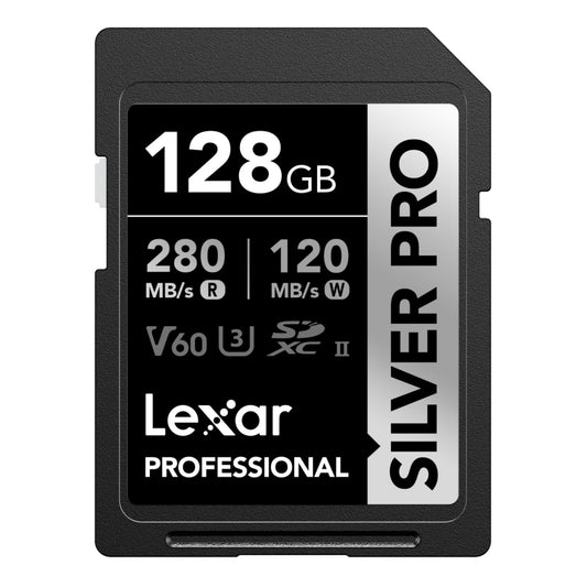 Lexar SILVER PRO SD Card 128GB, UHS-II SD Memory Card, V60, U3, C10, up to 280MB/s Read, 120MB/s Write, SDXC Card for DSLR/Camera/Photographers/Videographers/Enthusiasts (LSDSIPR128G-BNNAA)