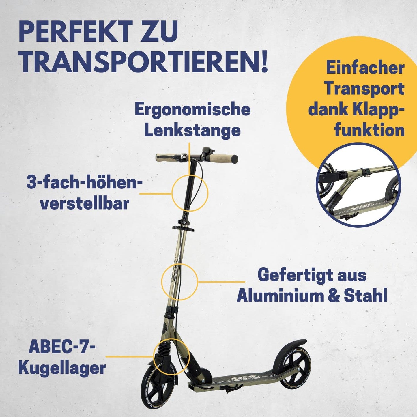 BEST SPORTING High End Adult Scooter, foldable with stand, hand brake, bell, and carrying strap. City scooter for adults with wheel size of 205 mm.