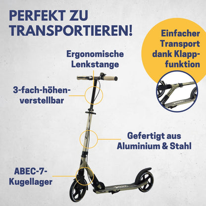 BEST SPORTING High End Adult Scooter, foldable with stand, hand brake, bell, and carrying strap. City scooter for adults with wheel size of 205 mm.