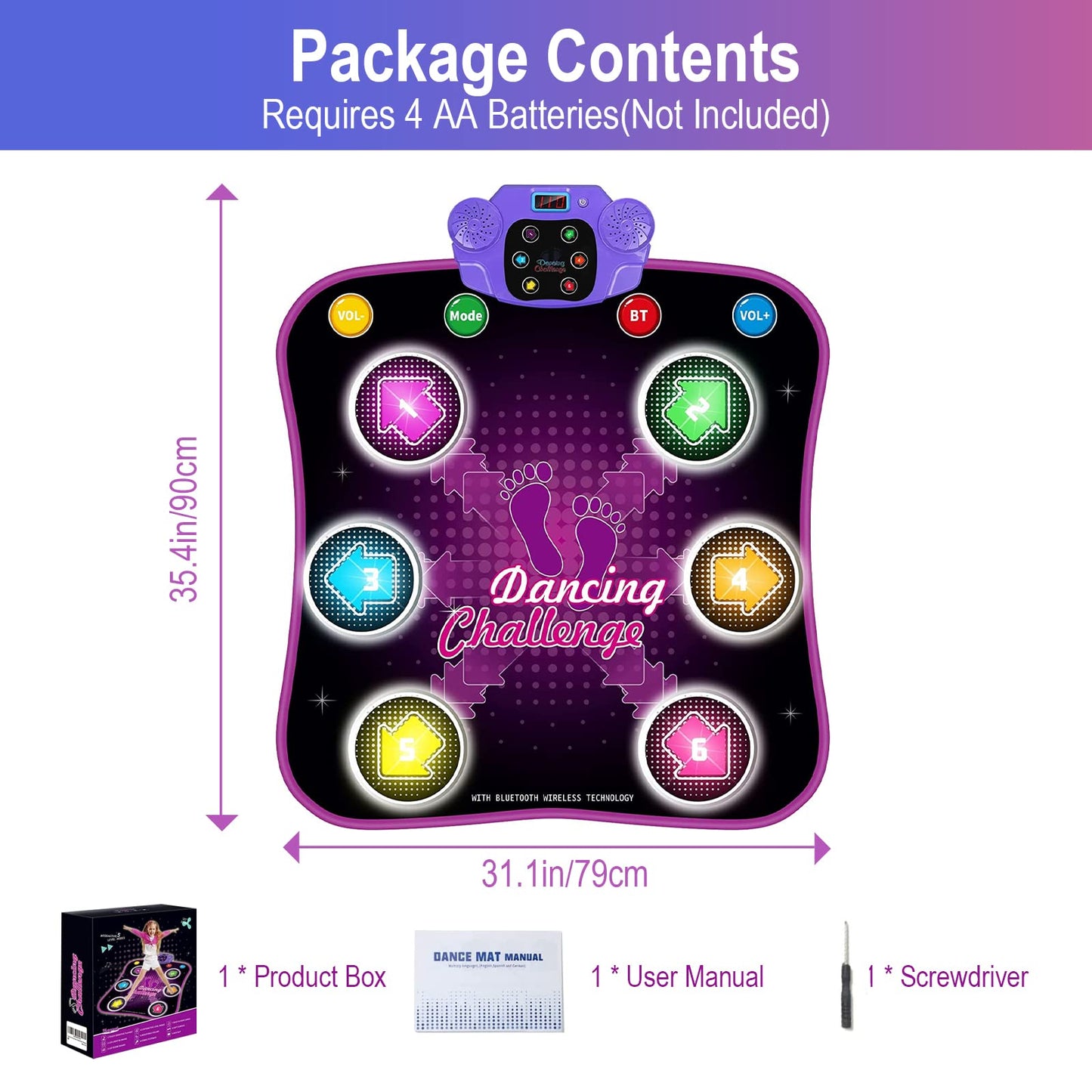 Aucrsozk Kids Dance Mats for 3 4 5 6 7 8+ Years Old with Bluetooth, Music Dance Mat with 6 LED Light Arrows for Girls, Electronic Dance Mat Toys with Anti-Slip Material.
