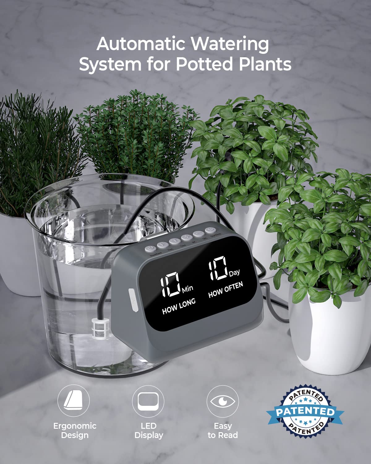 Automatic irrigation system for potted plants, DIY drip irrigation kit with programmable timer, waterproof LED display, and high-capacity battery, gray