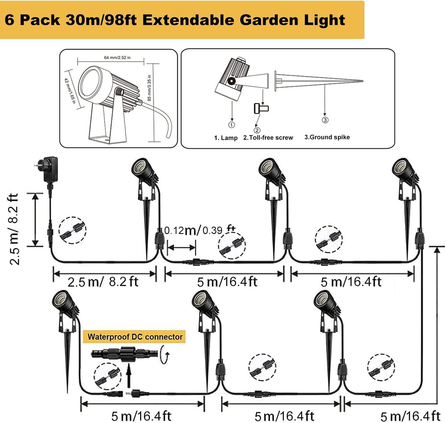 30M garden spotlight LED ground spike Waterproof 6-pack garden lighting with power IP65 Waterproof garden spots LED outdoor garden lamp 3000K Warm White COB garden light Ideal for outdoor garden lawn garden path