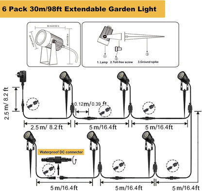 30M garden spotlight LED ground spike Waterproof 6-pack garden lighting with power IP65 Waterproof garden spots LED outdoor garden lamp 3000K Warm White COB garden light Ideal for outdoor garden lawn garden path