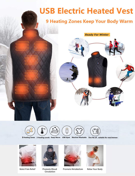 Cubovie Heated Vest for Men, Heated Vest with 15000mAh Power Bank, Heated Vest with 9 Heating Zones, 3 Adjustable Heat Levels, USB Electric Heated Vest, Heated Jacket for Outdoor Camping (Black, M)