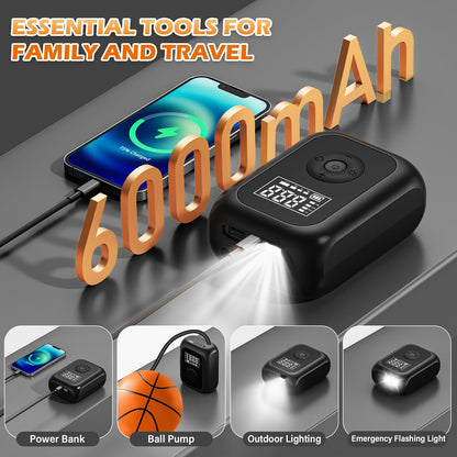 Electric bike pump 6000mAh, mini compressor for tires 10.3 bar, cordless portable battery air pump with auto stop, 150 PSI battery air pump for car, bicycle, motorcycle, balls.
