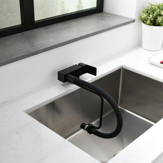 Pre-Window Kitchen Faucet with 360° Adjustable Water Tap with 2 Spray Modes, 360° Rotatable Faucet and Under-Window Installation, Ideal Mixer for Kitchens Below the Window (Black)