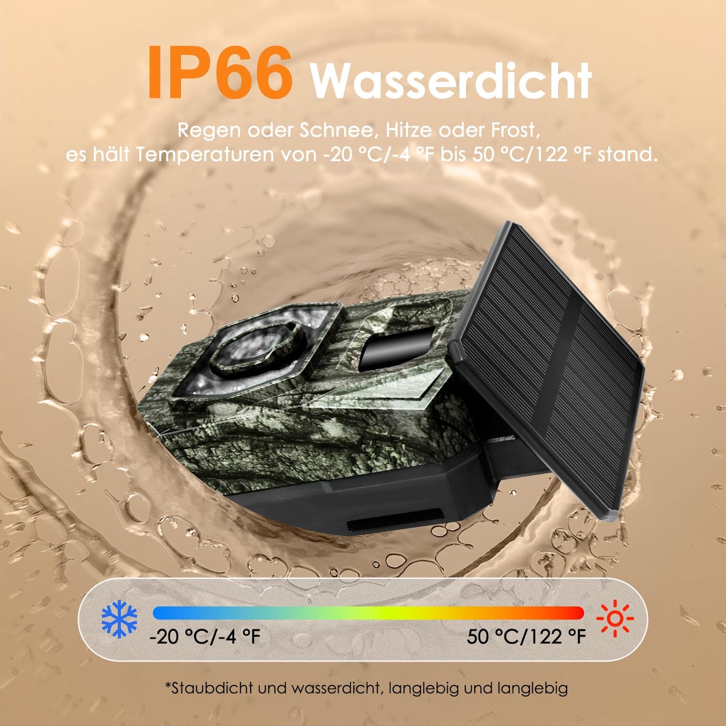 Wireless trail camera with mobile transfer app, solar-powered wildlife camera with 5200mAh battery, motion sensor night vision 0.1s trigger time, Bluetooth wildlife camera night vision, IP66 waterproof.