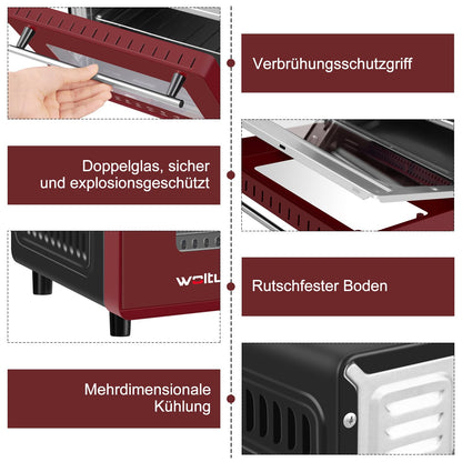 WOLTU Mini Oven 10 Liters, 650 Watts Toaster Oven, small electric oven, 100-230 °C, 60 min., top and bottom heat, with baking tray, grill grate, and detachable handle, red+black.