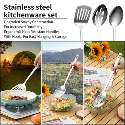 Mountain Country Camping Essentials, camping cookware set, camping gear equipment must-haves, come with camping cutlery sets, plates, and cups, perfect for outdoor cooking, picnic, grilling.