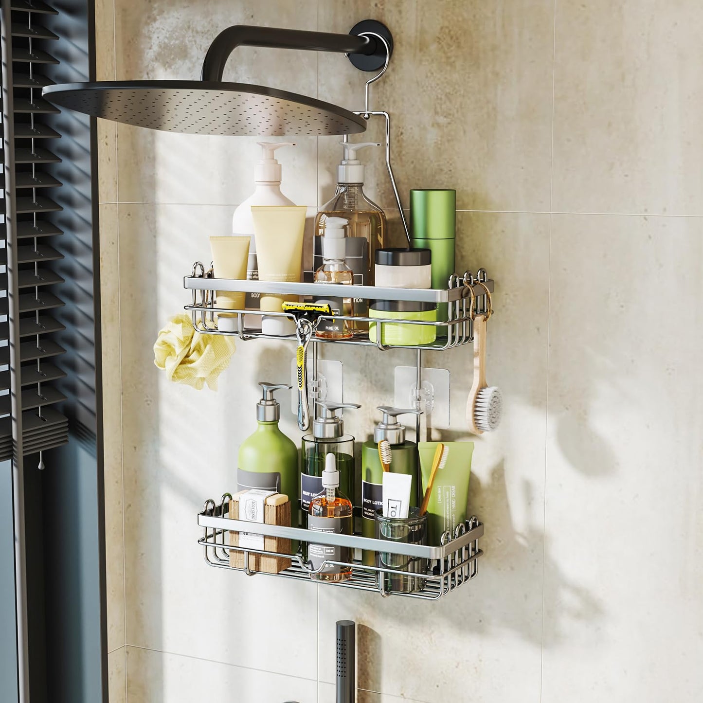 HapiRm hanging shower caddy with multiple hooks - high-quality stainless steel hanging shower shelf without drilling, silver color.