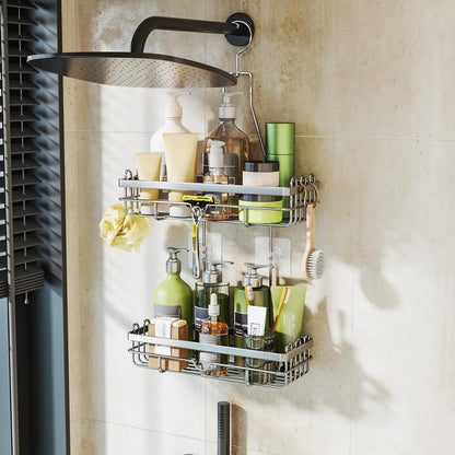 HapiRm hanging shower caddy with multiple hooks - high-quality stainless steel hanging shower shelf without drilling, silver color.