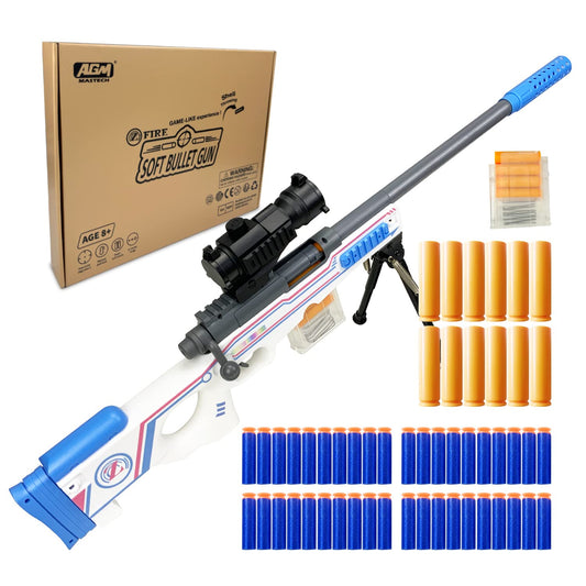 AGM MASTECH AWM shell-throwing blaster shot gun, 40 official darts, 4-dart clip, 2 magazines, blaster toy game set for boys, kids, and adults (white)