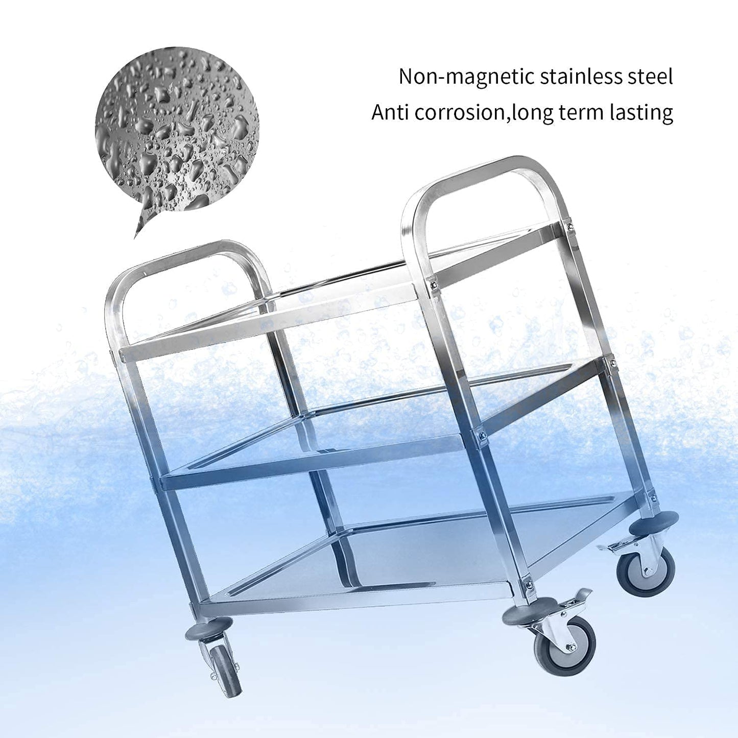 ybaymy Stainless Steel Serving Cart 3 Shelves Kitchen Trolley Stainless Steel Cart with Wheels Kitchen Cart on Wheels with Stainless Steel 95 x 50 x 95cm Food Cart, Capacity 240kg