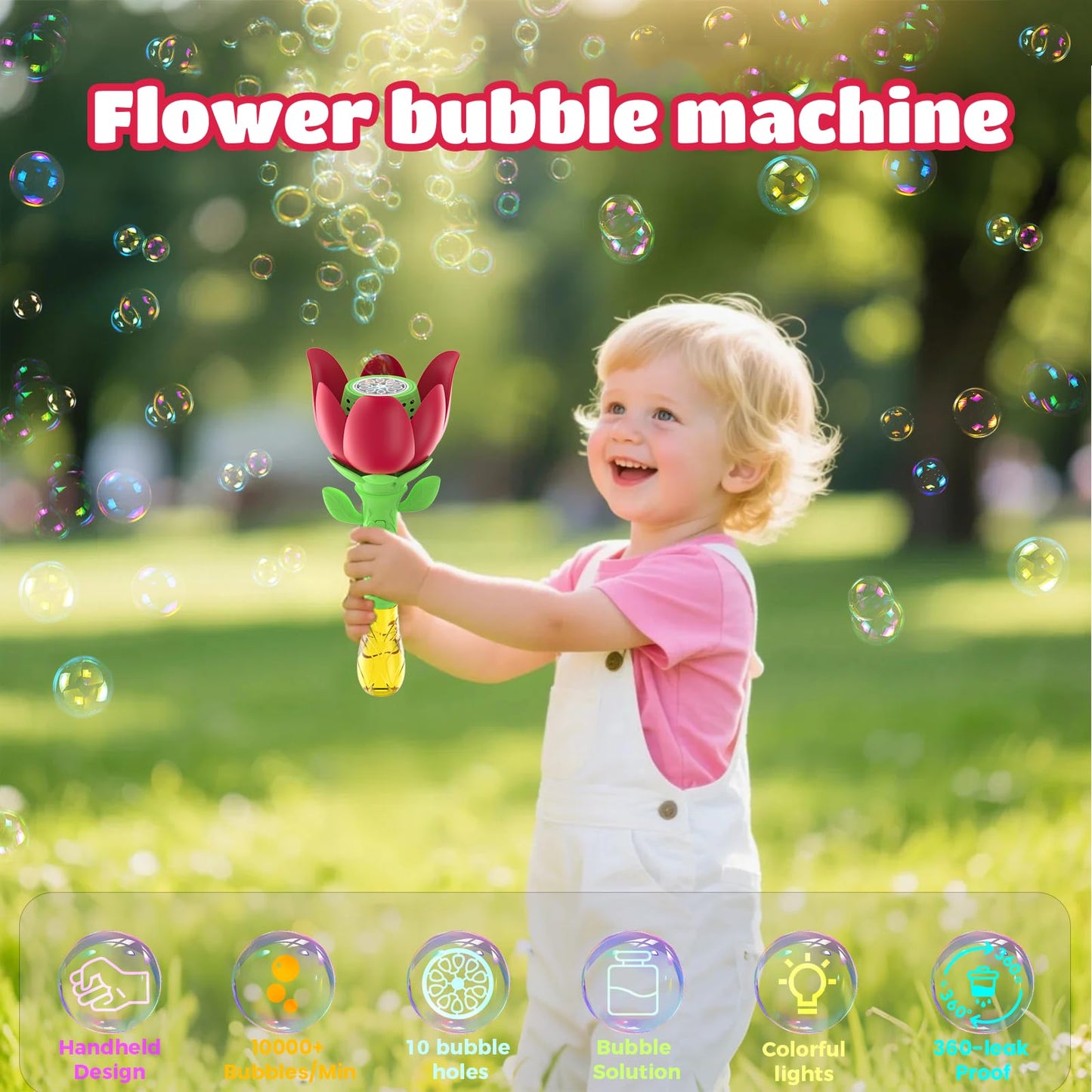 PANACARE Flower Bubble Wand, Electronic Bubble Machine for Kids with bubble solution/battery/light, Bubble Machine 10000+ bubbles toy kids gift/birthday/party/wedding
