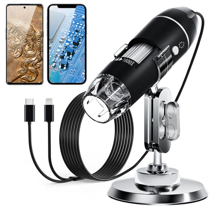 USB Digital Microscope, SKYBASIC handheld HD inspection camera with 50-1600x magnification and adjustable stand, 8 LED lights, compatible with iOS and Android devices.