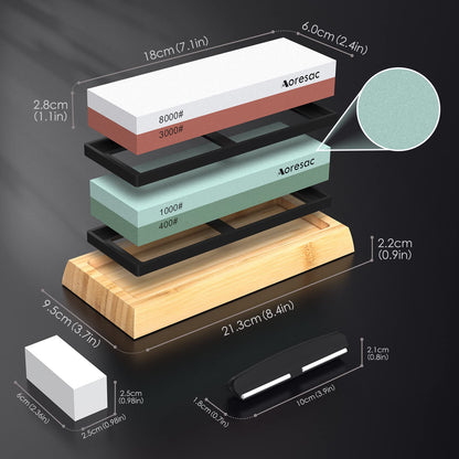 Aoresac Sharpening Stone Knife Set with Bamboo Base, includes sturdy sharpening stone and sharpening guide. Features 400/1000 and 3000/8000 double-sided sharpening stones.