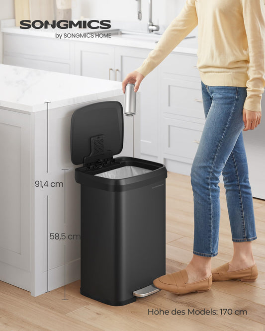 SONGMICS Kitchen Trash Can, 50 Liter Waste Bin, Metal Step Trash Can with Lid, Tall, Slim, and Spacious, Black LTB530B5002