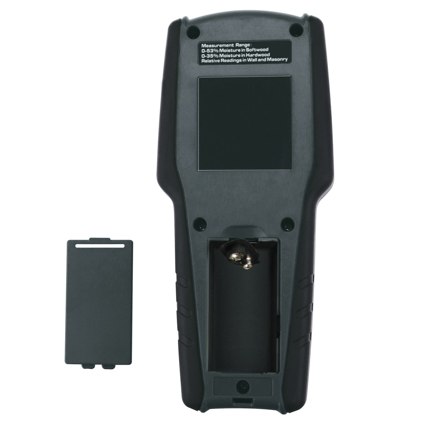 4-in-1 moisture meter without pins with digital LCD display featuring tricolor graphics for drywall, masonry, softwood, and hardwood with auto calibration & alarm.