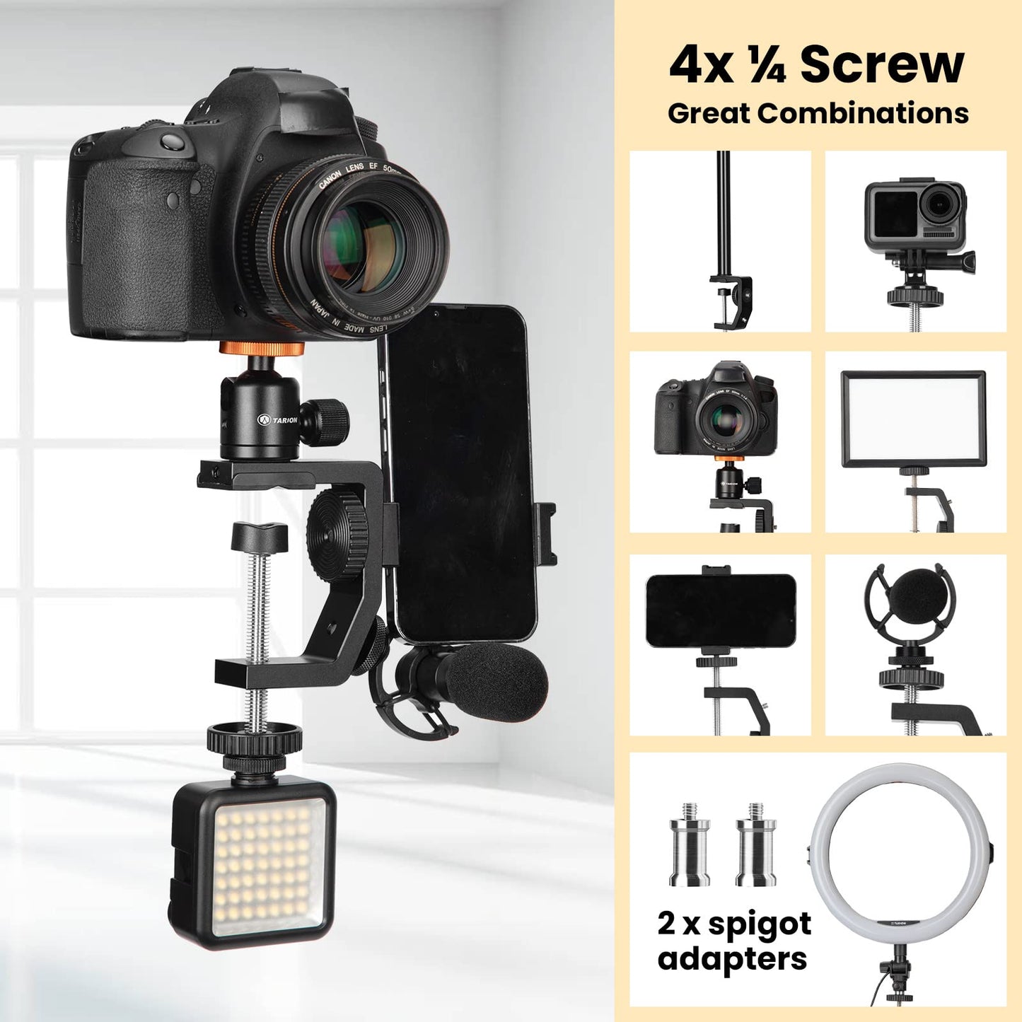 TARION C-Clamp Support Clamp Desk Mount for Camera With Ball Head and Adjustable Extension Rod 33-60cm for Vlogging Live Stream Photo Studio Light Photography Filming (TR-CS)