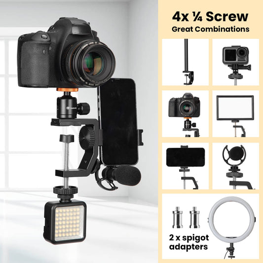 TARION C-Clamp Support Clamp Desk Mount for Camera With Ball Head and Adjustable Extension Rod 33-60cm for Vlogging Live Stream Photo Studio Light Photography Filming (TR-CS)