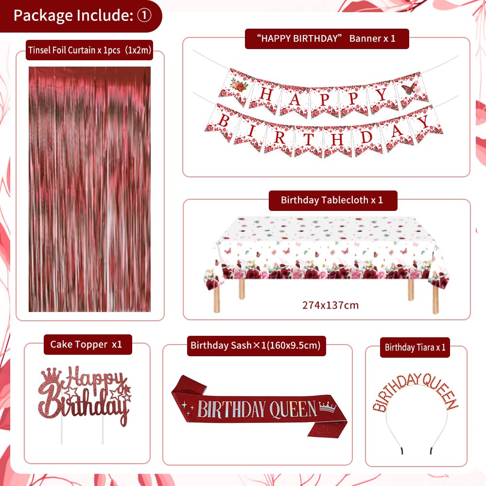 Birthday decoration, burgundy red rosegold party decor set with Happy Birthday banner, confetti balloons, sash and birthday crown, tablecloth, curtain, pom poms for women girls birthday decor.