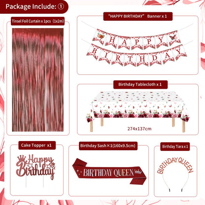 Birthday decoration, burgundy red rosegold party decor set with Happy Birthday banner, confetti balloons, sash and birthday crown, tablecloth, curtain, pom poms for women girls birthday decor.