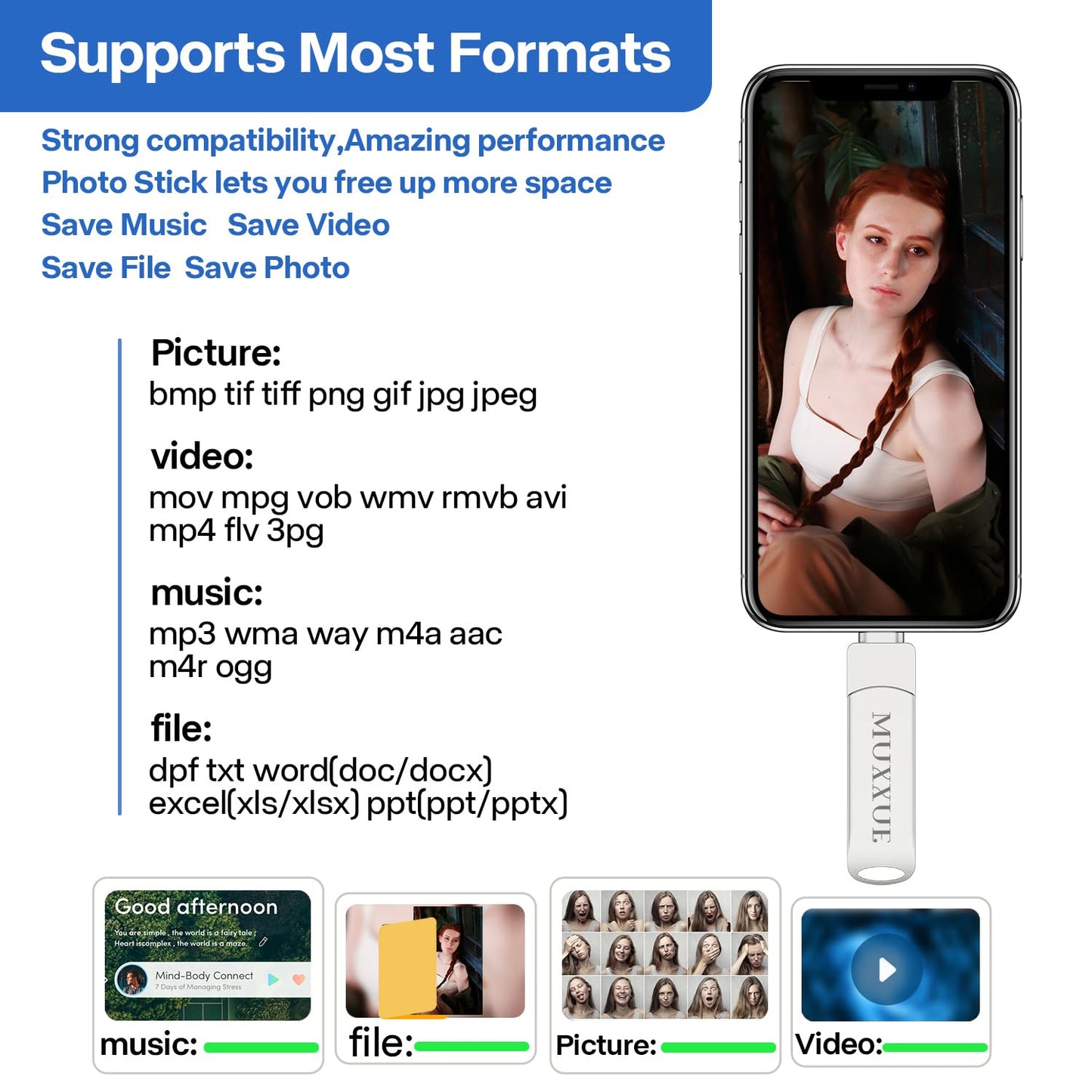128GB 3 in 1 USB Stick Phone, MUXXUE Memory Stick Phone, USB Stick for Phone, pad, Android, PC, Copy photos and videos without downloading an app.