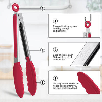 HOTEC High-quality stainless steel kitchen tongs with silicone tips, set of 2 - 9" and 12" (red)