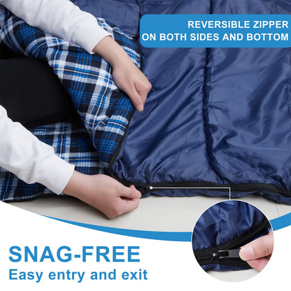 Cotton flannel double sleeping bag for camping, hiking, or trekking. Queen size 2 person waterproof sleeping bag for adults or teenagers. Lightweight sleeping bag for 2.