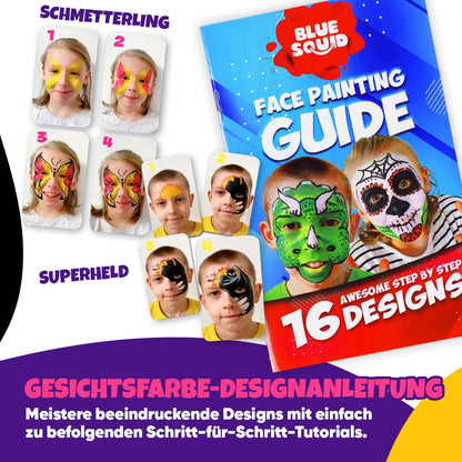 Blue Squid Kids Face Paint Kit. 24 colors of theater-grade face paint perfect for children's parties. Water-based, ideal for Halloween and carnival. Includes 160 pieces.