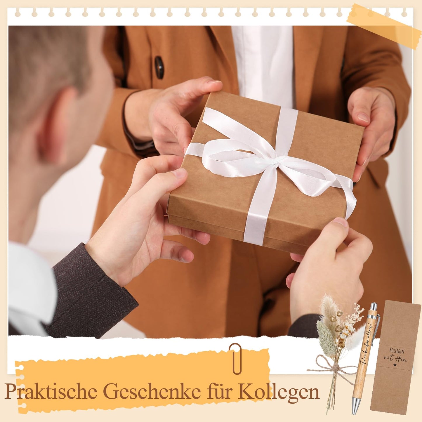 Hestya 6 Sets of Colleague with Heart Gifts Include 6 Engraved Wooden Pens, 6 Real Dried Flower Bouquets, 6 Paper Pen Holders for Farewell Gifts for Teacher, Colleagues, Friends.