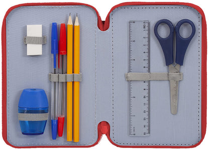Clondo Cars pencil case, pencil pouch, 3-tier filled with 44 pieces for school, 20 cm, Lightning McQueen