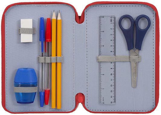 Clondo Cars pencil case, pencil pouch, 3-tier filled with 44 pieces for school, 20 cm, Lightning McQueen
